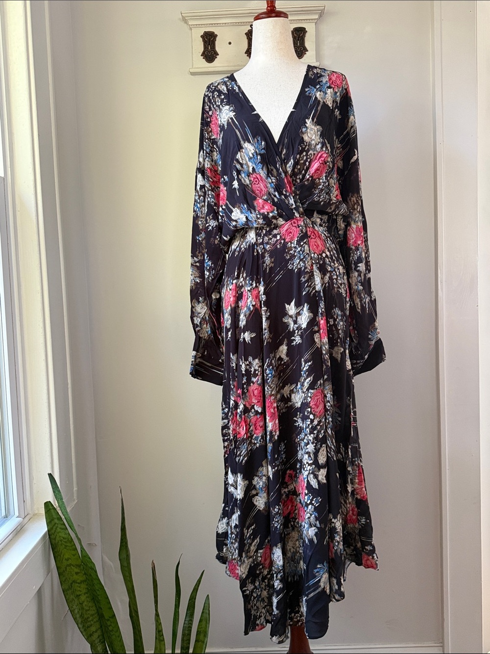 IRO Black Floral Midi Dress with Pink Roses Long Sleeve Flowy Summer Elegant
